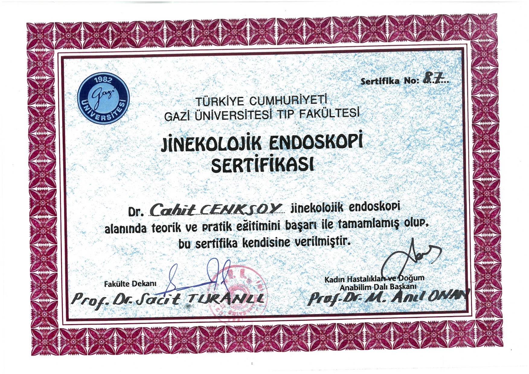 Certificate for Gynaecology Endoscopy