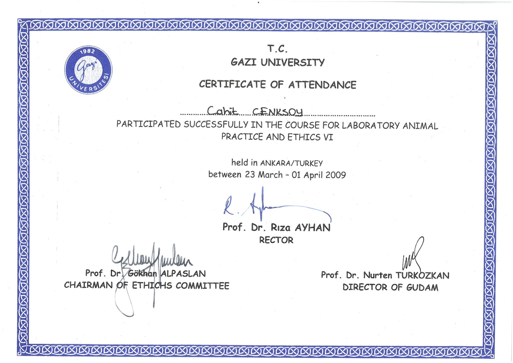 Certificate of Attendance for the course for laboratory animal practice and ethics 6