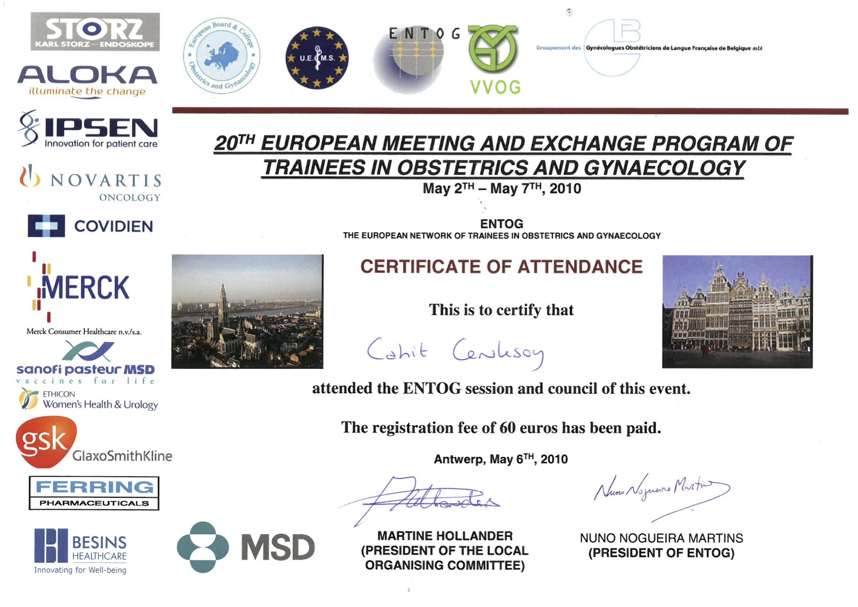 European Meeting Certificate of Attendance